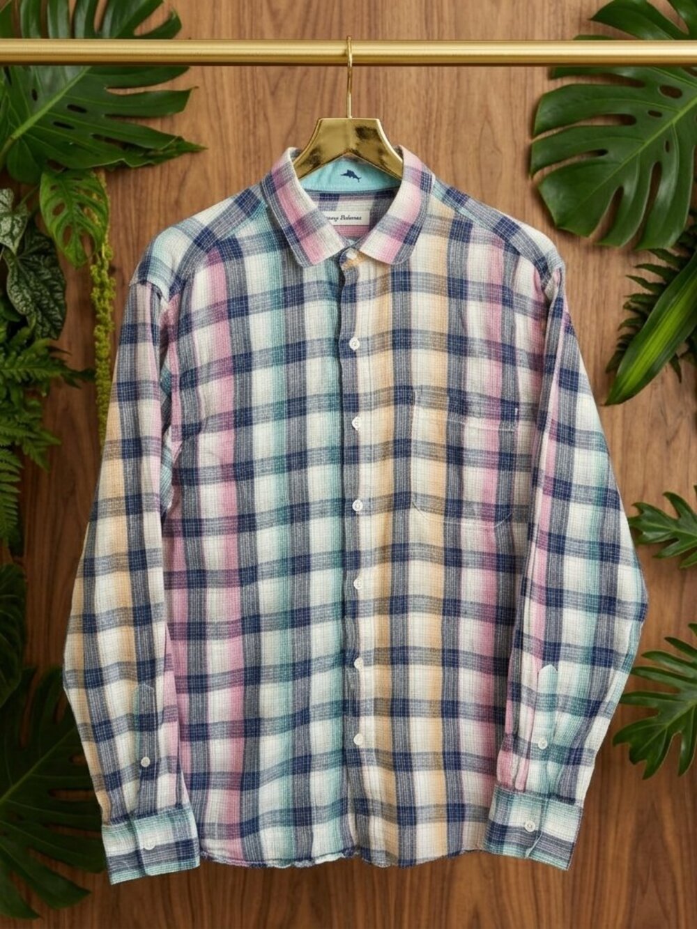 Tommy Bahama Mens M 100% Linen Check Plaid Shirt Rainbow Colorful Long Sleeve